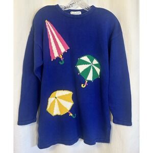 VTG Picone Sport Womens Beach Print Sweater Blue Crewneck 80s Grandmacore
